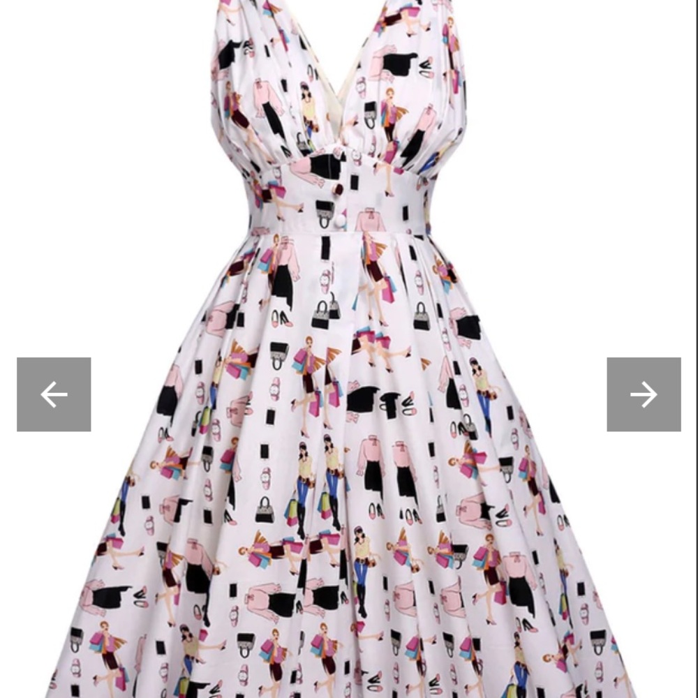 SOLD - White Shopping Pattern 1950s Vintage Replica Pleated Swing Dress Pockets